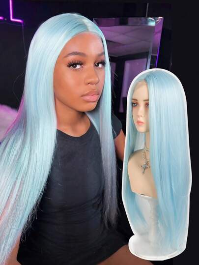 Peruca longa, lisa e sintética azul-esverdeada de 28 polegadas para mulheres, testa pequena, renda, franja no meio, peruca fashion para uso diário, fantasia de Halloween, festa, cosplay