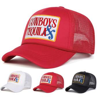 1pc Women's Cowboys & Tequila Embroidered Letter Trucker Hat, Streetwear Fashion Cap, Outdoor Sun Protection Casual Hat, Suitable For Spring, Autumn, Travel, Beach