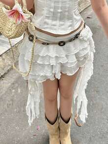 Vacation Ribbons Lace Tiered Skirts Sweet Ruffle Frill Asymmetrical Mini Skirts Elegant Summer Autumn All-Match Bottom Clothing