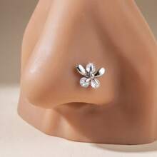 1pc Fashion Charm Style Copper Inlaid Zirconia 'L' Bar Flower Stainless Steel Nose Stud, Suitable For Women Daily Wear, Body Piercing Jewelry, Gift For Friends