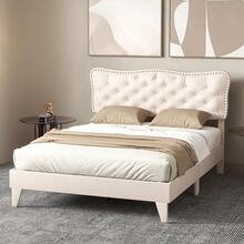 GOFLAME Double Size Bed Frame, Modern Linen Upholstered Platform Bed Frame With Button Tufted Headboard, Wooden Slats Support Mattress Foundation, Easy Assembly, No Box Spring Needed, Beige - Beige - View 1