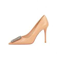 Banquet High Heels, Stone-Patterned Patent Leather Shallow-Mouthed Pointed Rhinestone Buckle High Heels Shoes - Nude - View 4