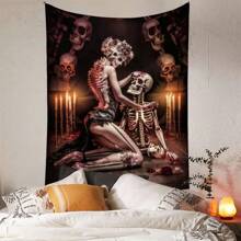 1 pezzo Arazzi decorativi in poliestere, stile gotico romantico, con coppia di scheletri e decorazioni floreali con candele, appesi al muro, per decorazione della casa, del soggiorno, della camera da letto, stile bohémien, estetico, regalo unico, decorazione di fantasia dark