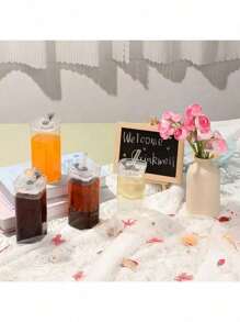 Square Heatproof Glass Cup With Lid And Straw: Suitable For Bubble Tea, Coffee And Juice - Made Of Durable Glass