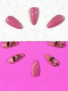 24 Peças Unhas Postiças com Formato de Amêndoa, Glossy, Padrão de Flor Rosa de Primavera/Outono, Adequado para Decoração de Unhas Femininas, Acompanha 1 Peça de Gel de Gelatina e Bloco de Lixa de Unhas