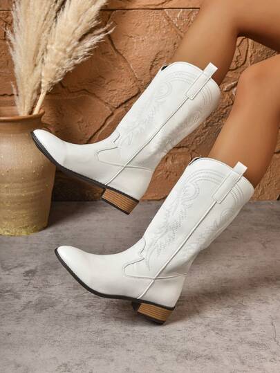 Fall/Winter 2025 New Women's Embroidered Leather White Western Boots, Pointed Toe Thick Heel High Heel Sleeve Mid-Calf Boots, Outdoor Leisure Fashion Boots, Cowboy Boots