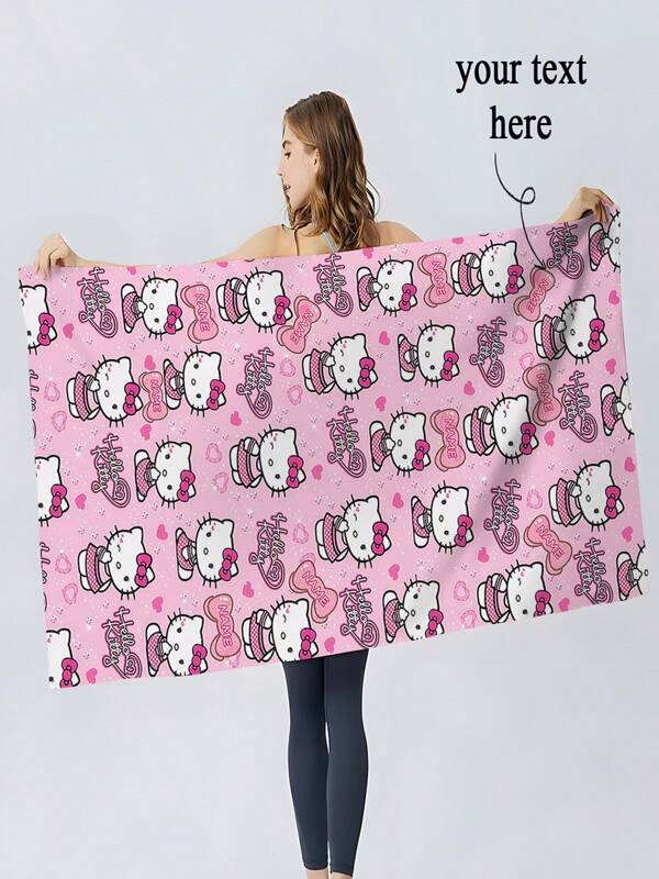 Sanrio 1pc Customized Sanrio Hello Kitty Theme Bath Towel, Officially Licensed, Personalized Print Name, Ultra Soft Microfiber, Quick Drying, High Absorbency, Soft, Modern Style, Suitable For Bathroom, Swimming Pool, Beach, Home And Kitchen Decor Beach Essentials Back To School