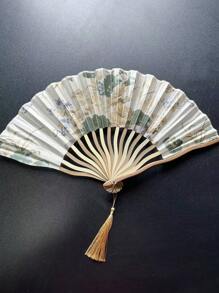1pc Traditional Ink Painting Hand Fan, Retro Classical Style, Handheld Bamboo Fabric Fan, Portable Vintage Cheongsam Accessory, Elegant Floral Pattern With Tassels, Home Decor And Personal Use