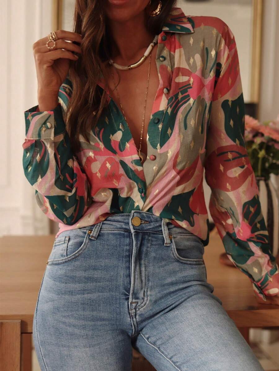 Standard Size Women's Full Body Print Long Sleeve Shirt, Tie Button Design, Suitable For Spring/Summer Wear