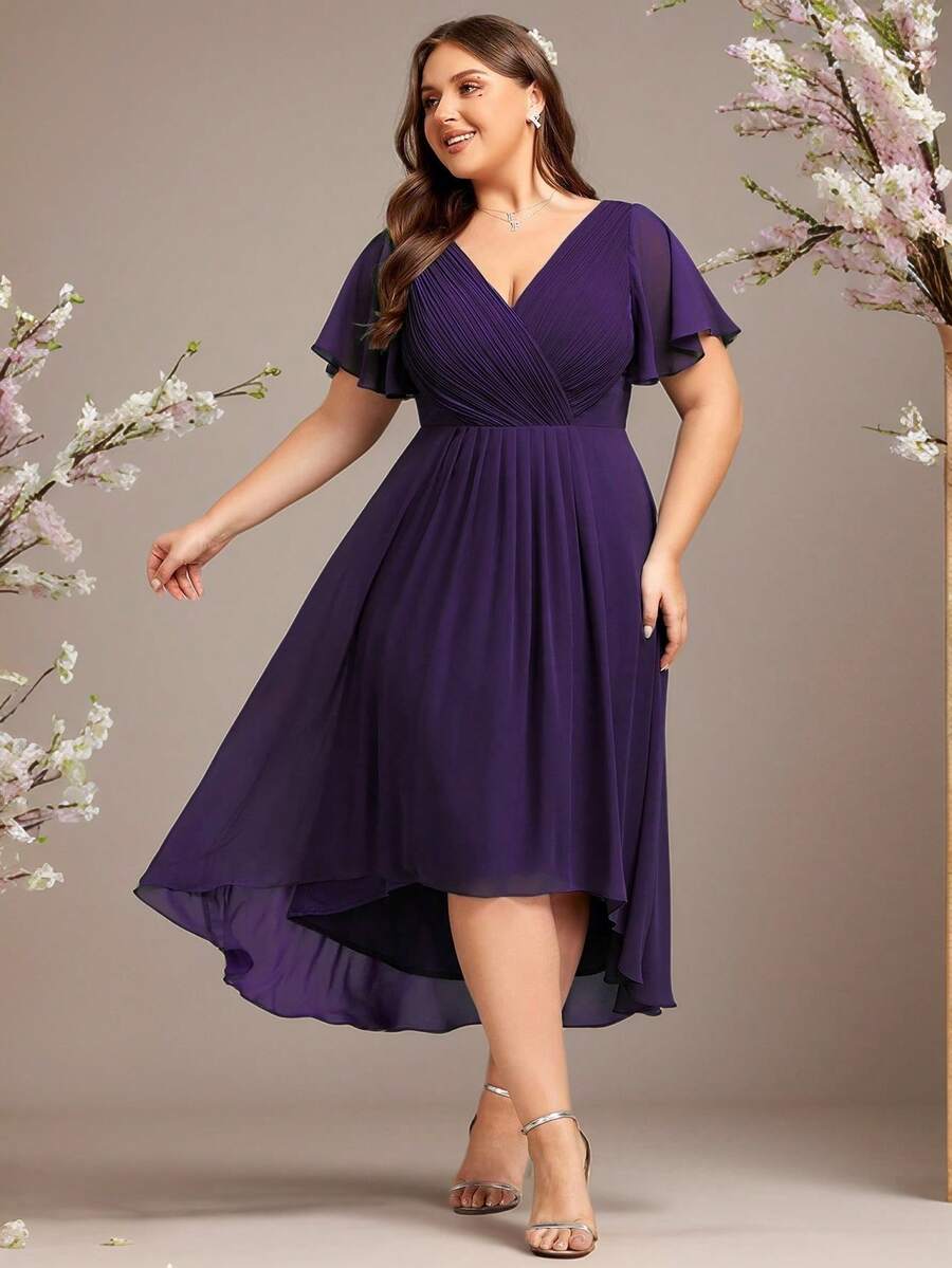 Plus Size Women's Double V-Neck Ruffle Sleeve A-Line Chiffon Mid-Length Formal Bridesmaid Dress