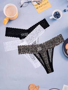 3pcs 3 Colors Women Leopard Lace Thong Panties, Sexy