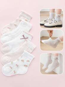 5 pares de calcetines finos de malla elástica con borde con volantes para niñas, lindos calcetines deportivos rosa y blanco, para primavera/verano