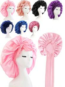1pc Bow Floppy Band Sleeping Hat Beauty Cleaning Hair Care Hat Moon Hood Hat Wide Brim Elastic Hat Women's Solid Color Brim With Elastic Band, Fashionable And Comfortable Sleeping Cap, Breathable And Soft, Suitable For Long And Curly Hair, Non-Slip, Suitable For Sleeping, Home And Daily Use, Hair Care Cap Back To School