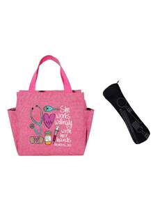 Cartoon Nurse Theme Insulated Lunch Box With Dual Pockets - Printed With "She Loves To Work With Her Hands" Slogan, Includes Black Utensil Storage Bag, Featuring Stethoscope, Heart, Syringe, Thermometer Graphics. Student Meal Thermal Insulation Cooler Bag, Large Capacity Portable Travel Picnic Pack, Available In 4 Colors. - Multicolor - View 14