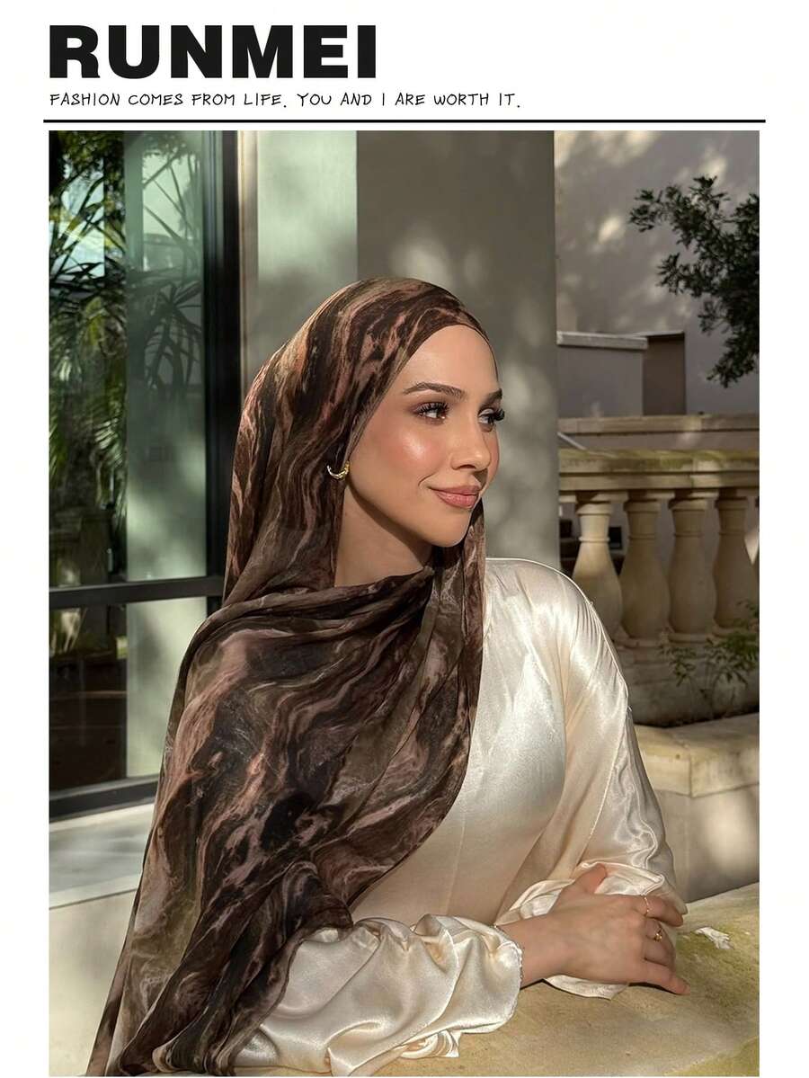 1 件全新设计印花头巾优质渐变大理石水印花优雅女士头巾头巾，柔软材质多功能防晒/防风头巾披肩，适合日常生活/节日派对/宴会场合 Abaya 配饰女士面纱 - 彩色 - 查看 1