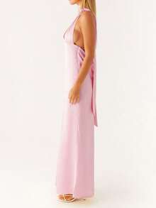 Women Sleeveless V Neck Formal Party Evening Cocktail Long Dress Halter Neck Open Back Silk Satin Maxi Dresses With Scarf - 粉色 - 查看 4