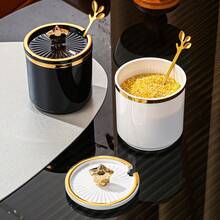 1 件优雅欧式调味罐套装带勺 - 防锈聚丙烯，透明金色装饰，适用于盐、糖和香料，厨房必备储物，香料收纳盒 | 透明设计 | 装饰盖，香料罐