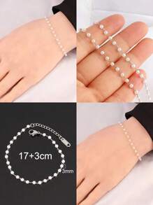1 pièce Bracelet en acier inoxydable 3/4mm avec de fausses perles blanches pour femmes. Bijou avec chaîne de perles simples et mode (le nombre de perles est aléatoire)