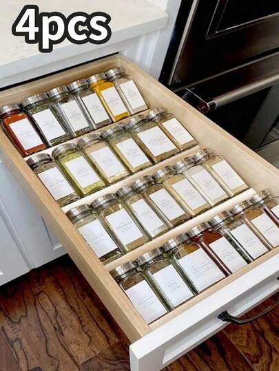 4-delige kruidenlade-organizer, schuin transparant plastic ontwerp, geschikt voor keukenkasten en aanrechtbladen, kruidenrek, opbergbak, transparante en moderne keukenopbergoplossing, kruidenpotjes, kruidenmandje, verjaardagsdecoratie, nieuwjaarscadeau, Valentijnsdagcadeau (potjes niet inbegrepen)
