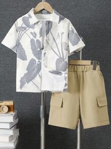 Set de 2 piezas de camisa con estampado de hojas gris casual y pantalones cargo para niños (apto para todas las estaciones)
