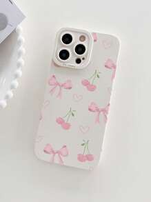 1 pieza Funda protectora para teléfono antideslizante y anticaídas con estampado de lazo rosa y cereza, compatible con 16 Pro Max, 11/12/13/14 Plus/16e, XR/7/8 Plus/15 Pro Max