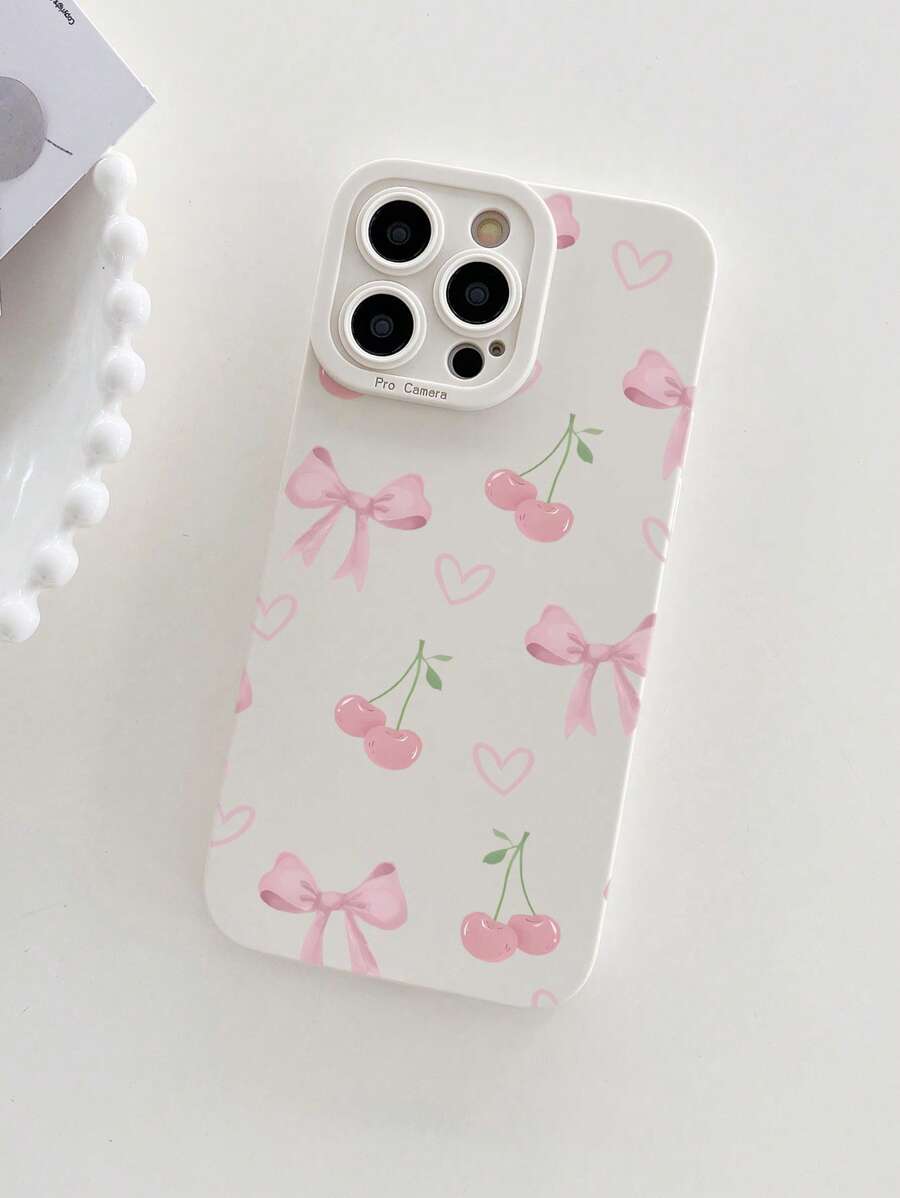 1 pieza Funda protectora para teléfono antideslizante y anticaídas con estampado de lazo rosa y cereza, compatible con 16 Pro Max, 11/12/13/14 Plus/16e, XR/7/8 Plus/15 Pro Max