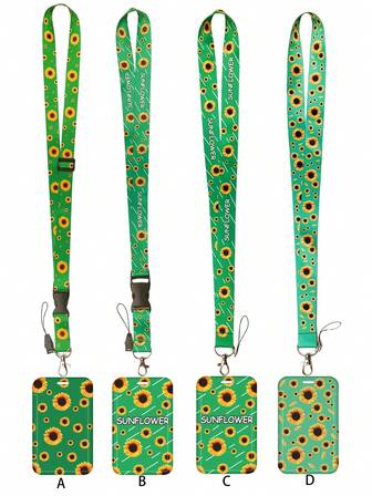 1pc Sunflower & Daisy Pattern Green Lanyard Card Holder, Hard Shell ID Badge Case For Metro Card, ID, Workplace ID, Student ID, Conference Badge, Event Pass,School Supplies,Back To School
