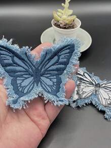 Hat Decoration, Denim Fabric, Washed Tassel, Beard Edge Effect, Butterfly-Shaped Embroidered Patch