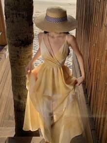 Vestido largo de playa sin espalda de color amarillo mantequilla de verano para mujer, con tirantes de espagueti sin mangas, para fiesta de graduación, vacaciones, elegante y sexy noche de fiesta, para cóctel