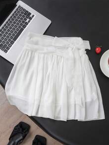 Falda blanca para mujer, falda corta de cintura alta con lazo y línea A, para verano - Blanco - Ver 1