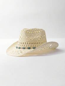 1pc Bohemian Style Beaded Straw Sun Hat, Fashion & Versatile For All Seasons Commute - Straw Hat - View 6