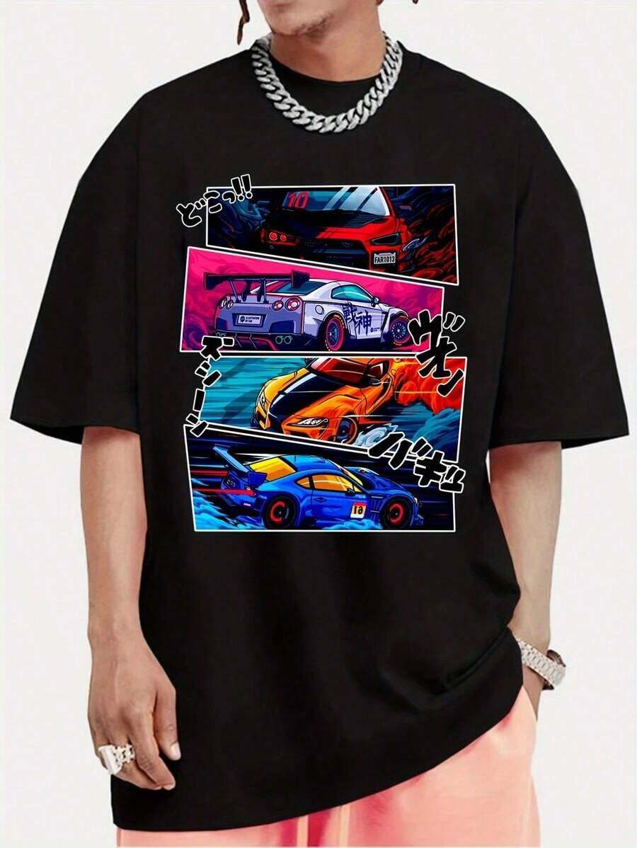 Men's T-Shirt With Car Print - 黑色 - 查看 1