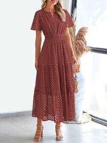 Womens Summer Maxi Dress Short Sleeve V Neck Hollow Out Eyelet A Line Long Flowy Beach Vacation Dresses - 棕紅色 - 查看 4