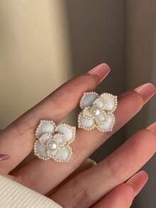 4pcs Flower Imitation Pearl Diamond Gorgeous Elegant Alloy Multicolor Women's Ring Necklace Earrings Set, Suitable For Party Date Gathering Birthday Matching Daily Clothing Accessories - 彩色 - 查看 5