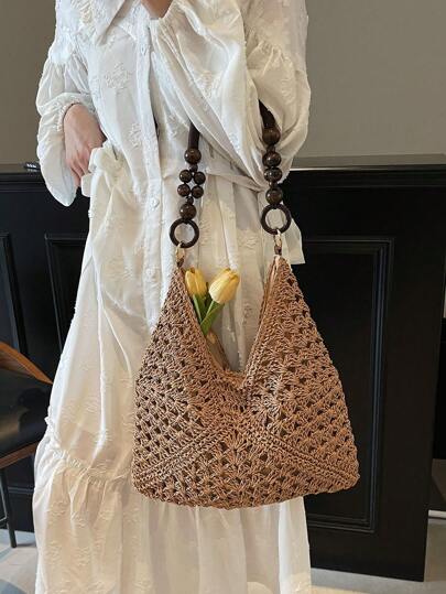 New Simple Handmade Woven Straw Shoulder Bag For Women