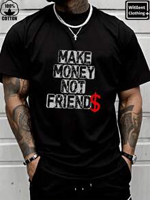 Nuevos artículos populares de 2026: Camiseta de hombre 100% algodón con la frase "Make Money Not Friends", Camiseta de algodón pesado de 220g para hombre para Navidad (1 pieza) - Negro - Ver 5