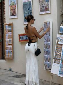 ii Monochrome Knit Casual Vacation Backless Top - Apricot - View 3