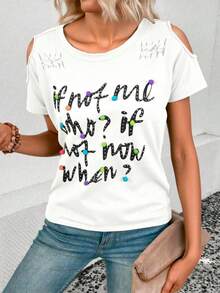 Blusa playera dama mujer casual diario estampado letras aplicaciones cuello redondo manga corta abertura hombro bajo  normal posterior cintas decorativas espalda día noche fiesta evento salida primavera verano - Blanco - Ver 4
