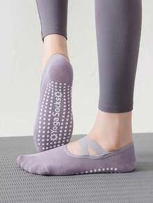 3 Pairs Black, Purple, Gray Women Sports Yoga Socks With Silicone Non-Slip Cross Strap, Breathable & Comfortable Fitness Exercise Ankle Socks, Fall - Multicolor - View 2