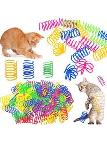 自玩宠物猫玩具，塑料彩色弹簧弹跳猫玩具，猫用品，包括猫皱纹纸/猫螺旋弹簧 X 2/4/8/10/12/14/20/30/40/50/60 件；创意玩具，消磨时间并保持健康，互动重型塑料彩色玩具，用于捉弄、咬、狩猎，小猫玩具，情人节送给猫/狗的礼物 - 彩色 - 查看 2