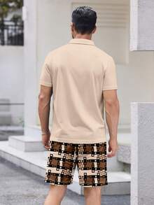 Men's Geometric Print Short Sleeve Polo Shirt And Shorts Set, Vacation Style - Multicolor - View 5
