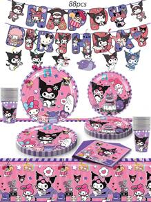 Sanrio 88pcs Sanrio Kuromi Party Supplies,Included Birthday Banner,Hanging Vortex, Plates,Napkins,Tablecloth,Paper Cup,For Kuromi Decorations,Kuromi Birthday Party Decorations,Kuromi Party Decorations
