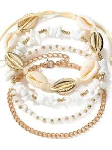 4 Stücke/Set Damen Mode Muschel & Perlen Fußkette, bohemische Strandschmuck für die Füße