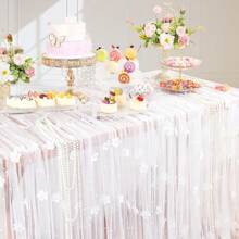 1pc Pearl Flower Tulle Table Runner, Pearl Chiffon Fabric, For Wedding Table, Bridal Shower, Bridal Veil, Birthday Party Decor