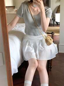 Falda blanca para mujer, falda corta de cintura alta con lazo y línea A, para verano - Blanco - Ver 9