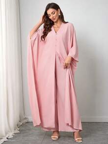 女士春夏纯色纽扣休闲长衬衫搭配阔腿裤。优雅的冬季女士服装，适合度假和约会，端庄大方 - 粉色 - 查看 5