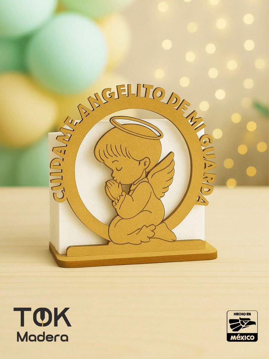 Servilletero Ángel de Madera MDF con Frase  – Decoración para Bautizo, Baby Shower, Primera Comunión o Fiesta Infantil – Estilo Tierno y Religioso
