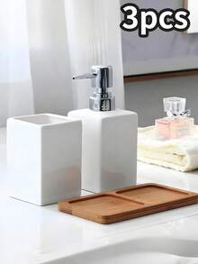 Ceramic Hand Sanitizer Bottle Storage Cup, Bamboo And Wood Tray, Bathroom Three Pieces Set, Bathroom Lotion Sub Packaging Bottle, Bathroom, Distributeur Savon - Multicolor - View 1