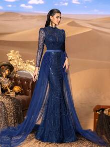 Faeriesty Haute Glamour Elegant Beaded Tulle Overlay Evening Gown With Geometric Patterns – Sheer Mesh Sleeves, Cinched Satin Waist & A-Line Train For Luxury Wedding Banquets, Charity Galas & Fashion Awards - Navy Blue - View 8