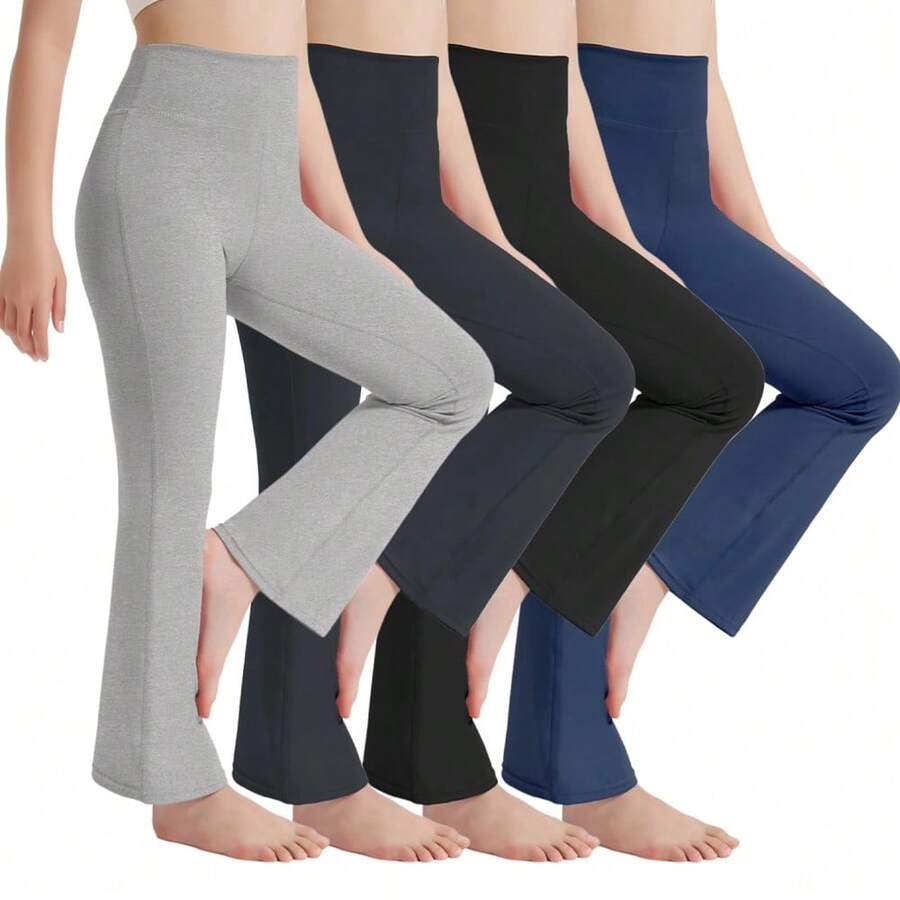 EXARUS 4 Pack Girls Leggings Kids Yoga Pants Crossover V Waist Ankle/Full Length High Waisted For School Casual Dance - SET13 - 查看 1